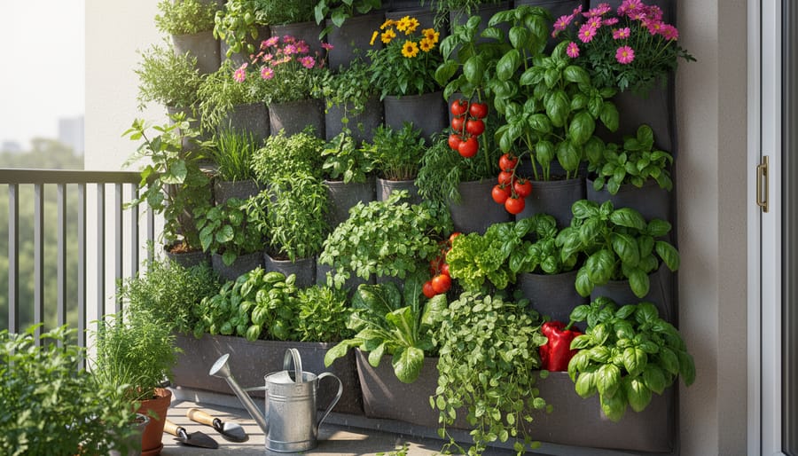 Vertical garden wall with thriving green plants and trailing foliage in a sunny backyard.