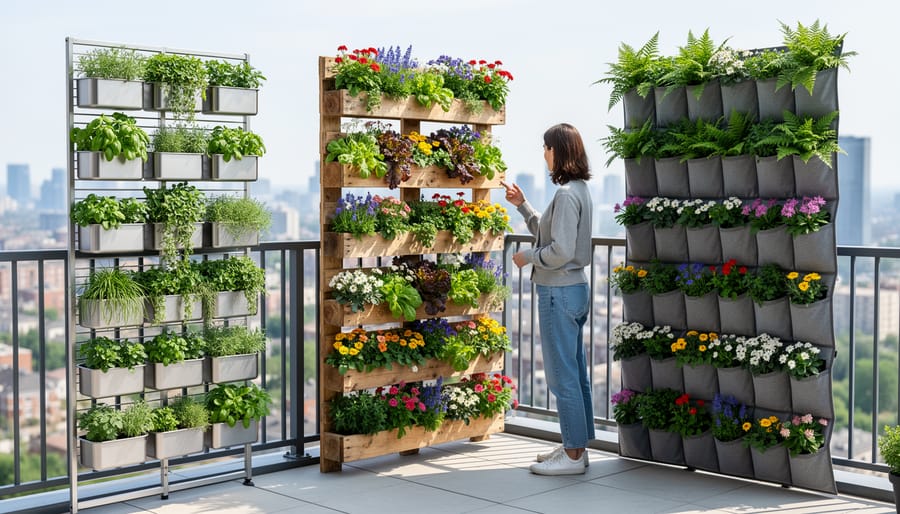 Gardener’s workspace showing several vertical garden systems including tower, trellis, pocket planters, and stacked containers.