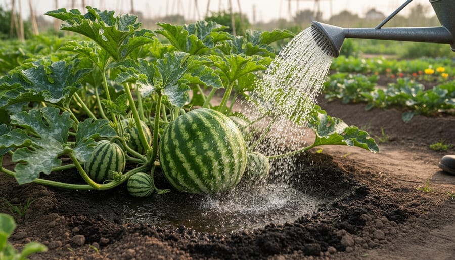 Gardener watering the base of an icebox watermelon vine with a narrow-spout watering can.