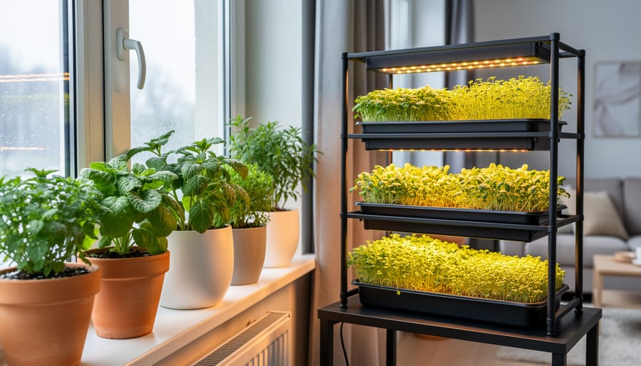Indoor winter garden with microgreen trays and potted herbs under a grow-light shelf beside a sunny window.