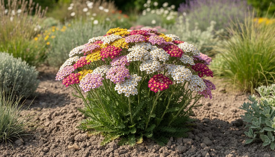 Yarrow flowers with flat-topped blossoms in a dry, native-style garden border.