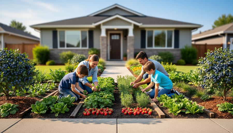 Close view of strawberry plants and creeping oregano edging a front walkway
