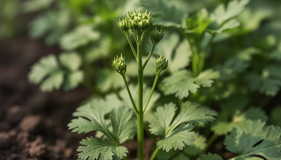 Cilantro plant showing early bolting with flower buds forming in a raised garden bed