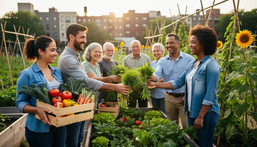 Gardeners harvesting leafy greens together in shared raised beds at a community farm
