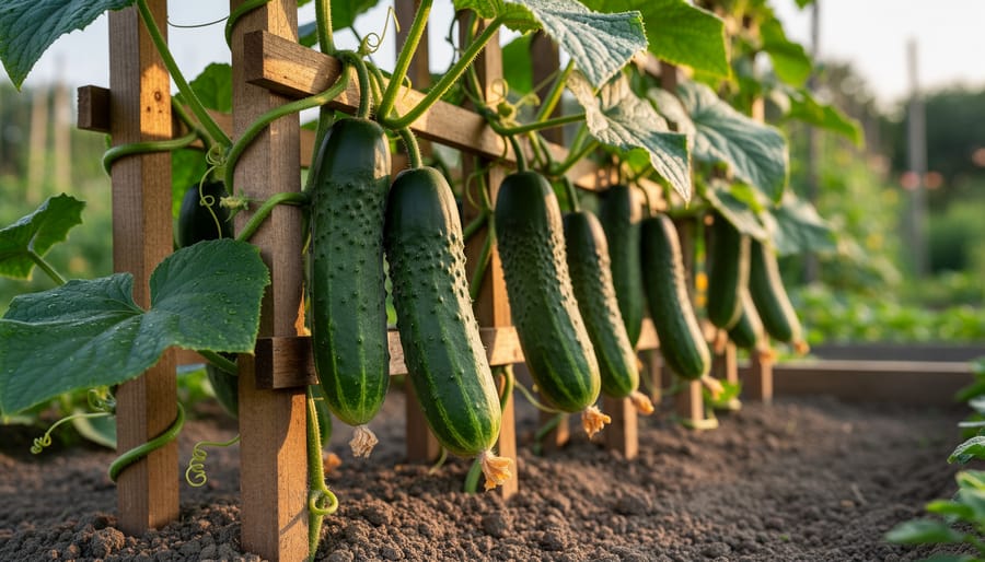 Cucumber plant trained on a vertical trellis with cucumbers hanging from the vines