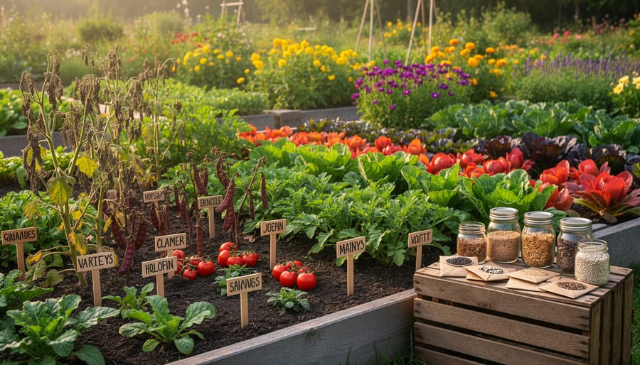 Wide shot of a backyard garden bed with diverse heirloom plants and flowers in warm golden light.