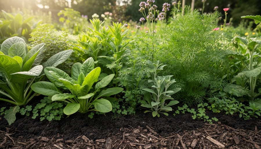 Overhead view of diverse vegetable seedlings growing together in a garden bed