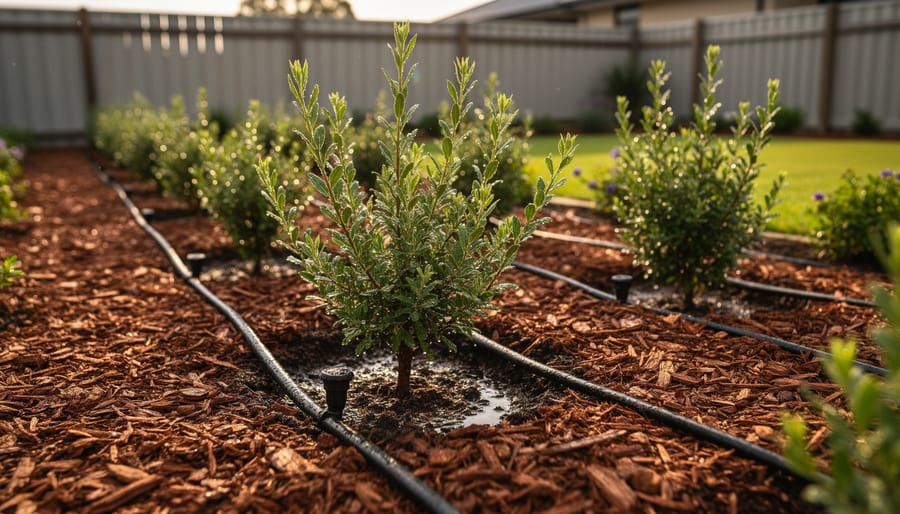 Drought-tolerant flowers planted in mulched soil with a drip irrigation hose nearby