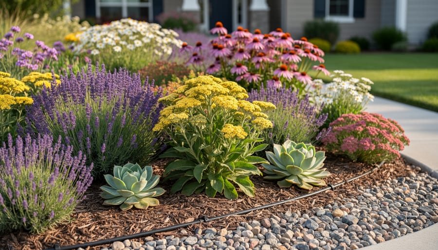 Lavender, yarrow, and coneflower growing in a dry, mulch-covered garden bed during warm sunlight