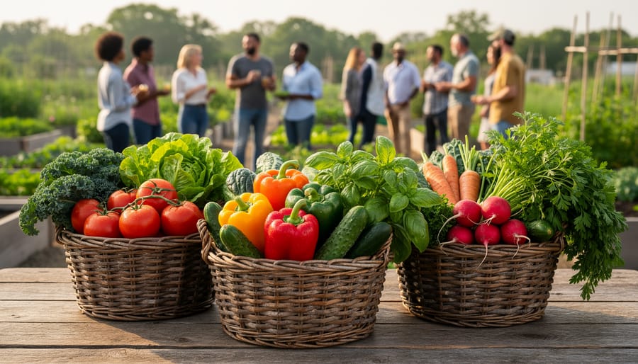 Assorted freshly harvested vegetables and herbs in baskets on a garden table