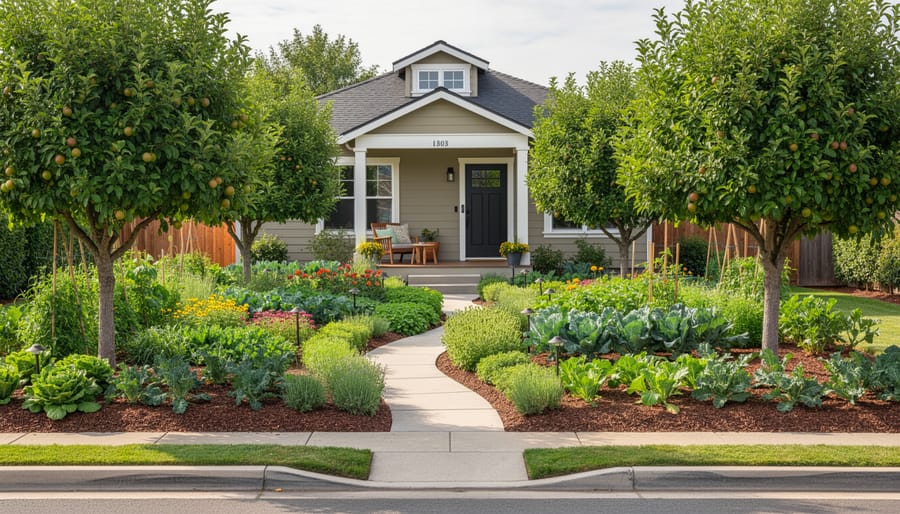 Wide view of a front yard edible landscape with fruit trees, raised garden beds, and flowering herbs