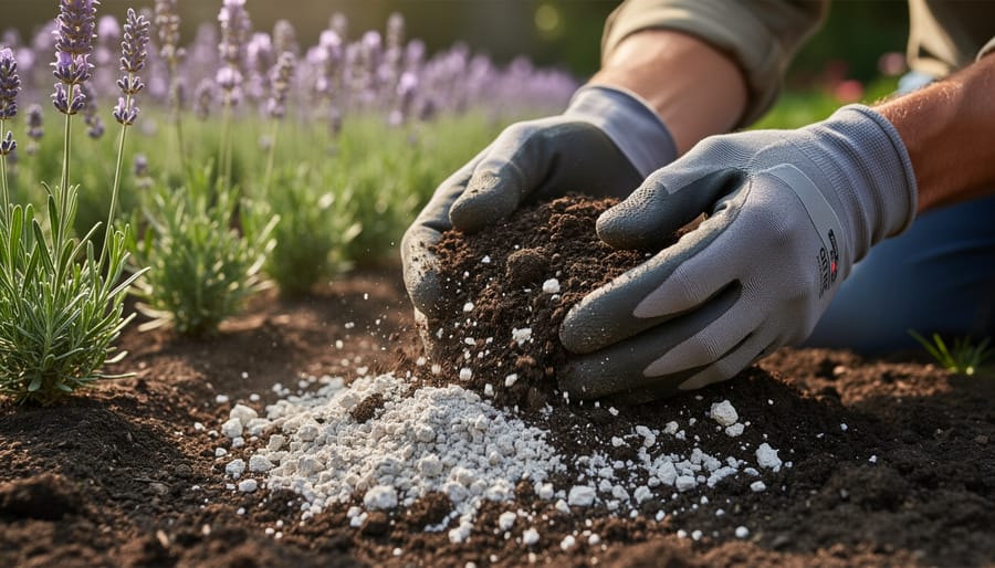 Close view of a gardener mixing compost and perlite into soil with a hand trowel