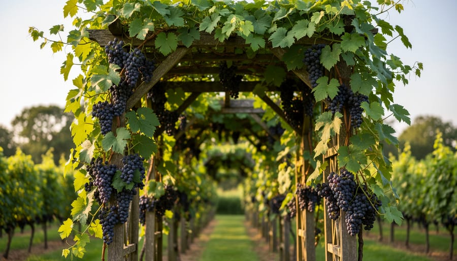 Grape vine trained on a garden arbor with green grape clusters