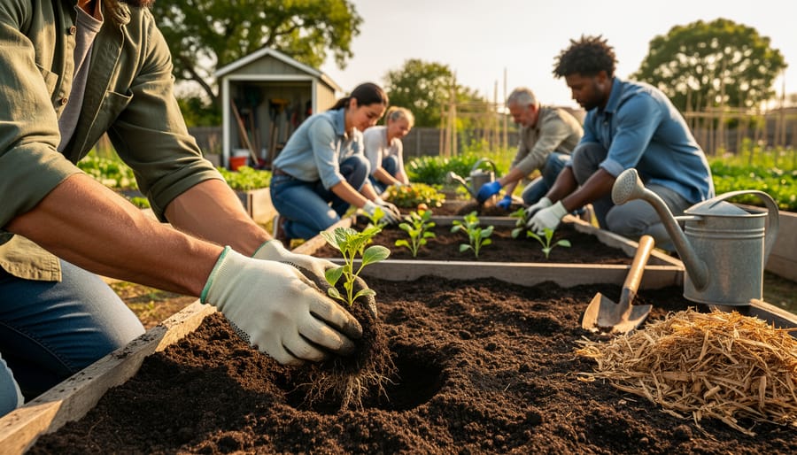 Close-up of gardener hands planting seedlings in a communal raised bed