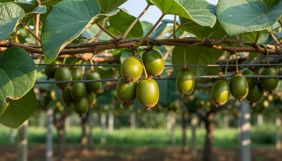 Hardy kiwi vine trained on a wire trellis with small kiwifruit visible