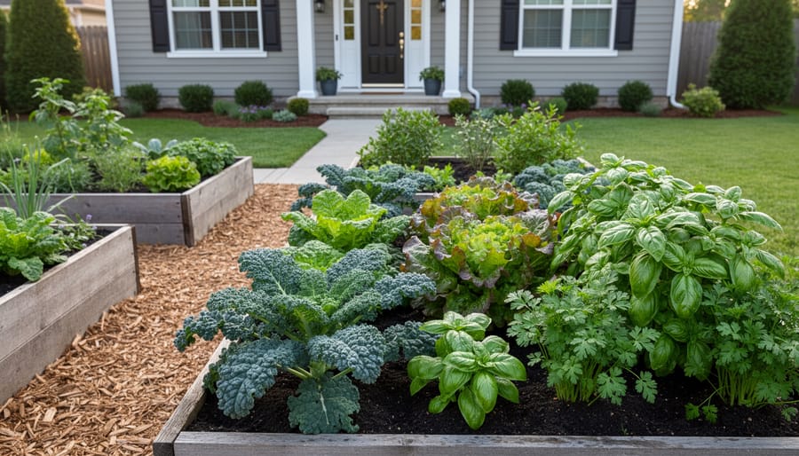 Harvest basket filled with fresh herbs and leafy greens with thriving raised beds in the background