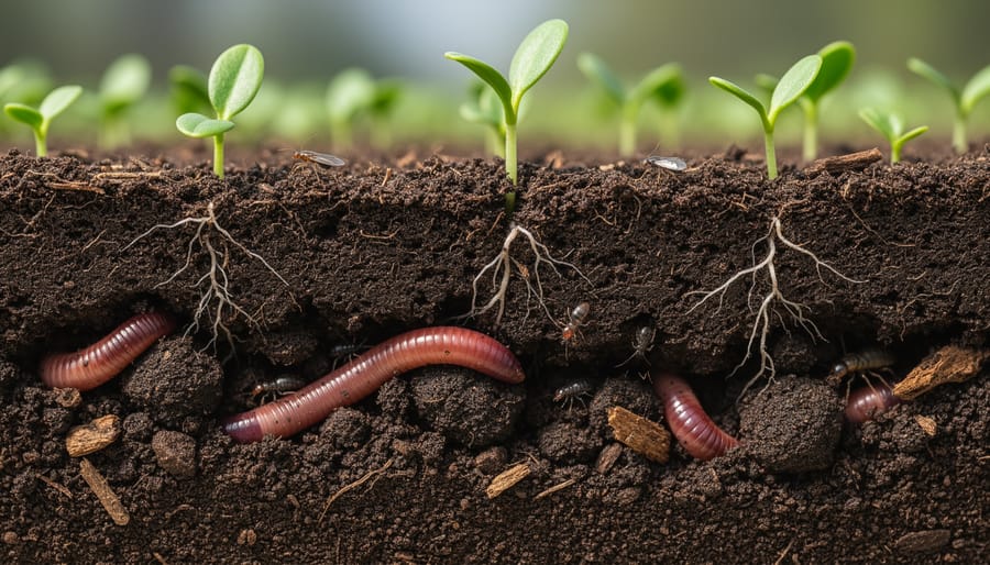 Close-up of dark, crumbly soil with visible earthworms held by a gardener’s hand