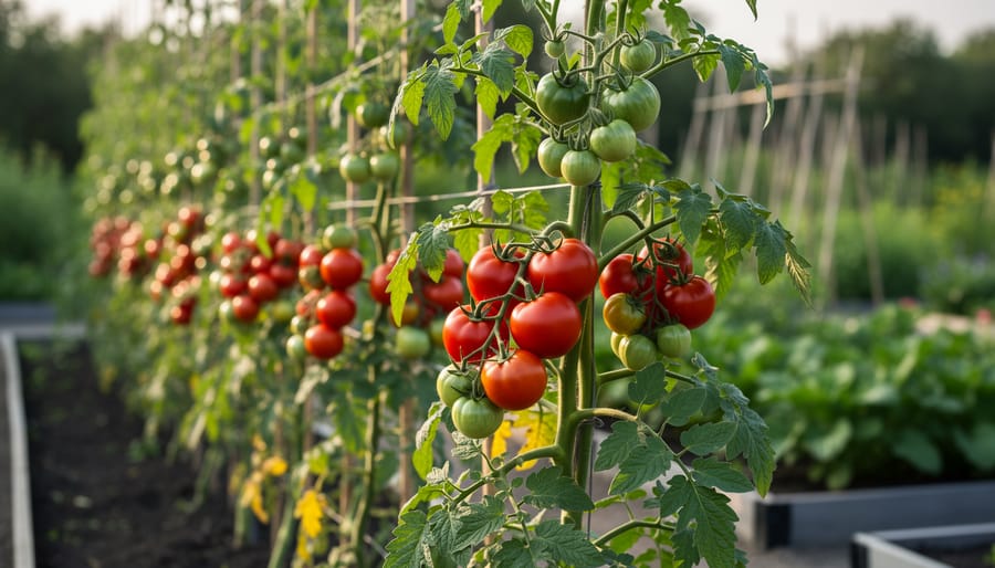 Indeterminate tomato vines climbing a trellis with tomatoes ripening on the plant