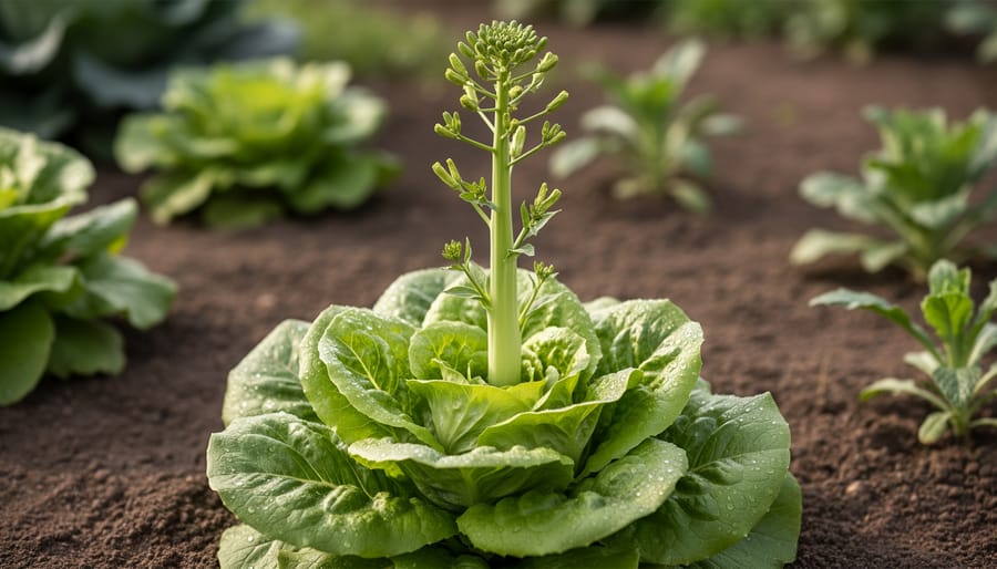 Lettuce plant bolting with a tall flower stalk rising above the leaves in a garden bed