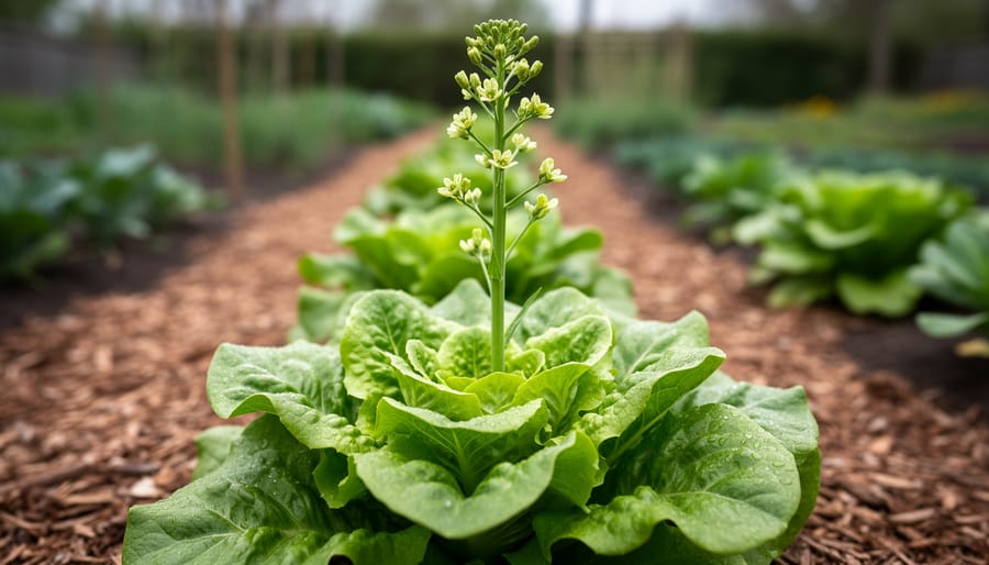 Lettuce plant bolting in a garden, with a tall flowering stalk rising above the green leaves.