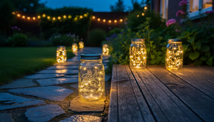 Mason jar lanterns with warm lights glowing on an outdoor table during dusk, surrounded by blurred garden greenery.