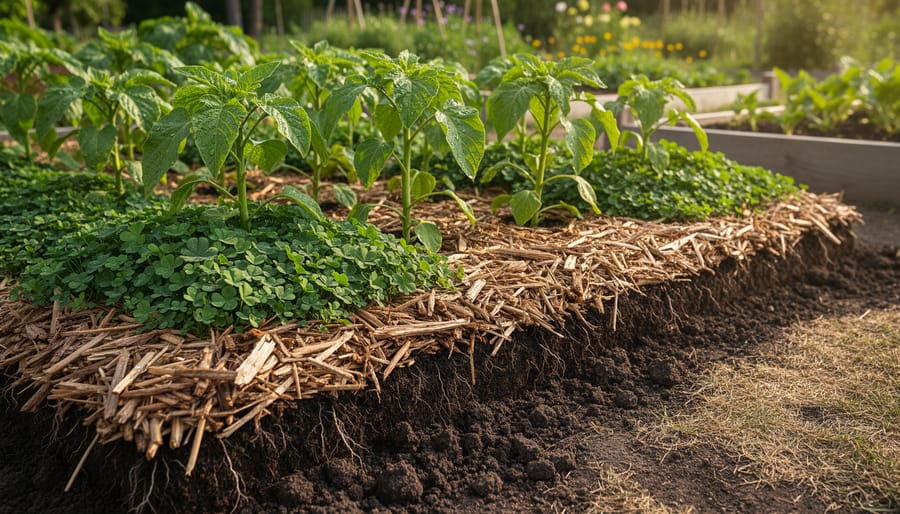 Raised garden bed with organic mulch and small cover plants growing through the surface