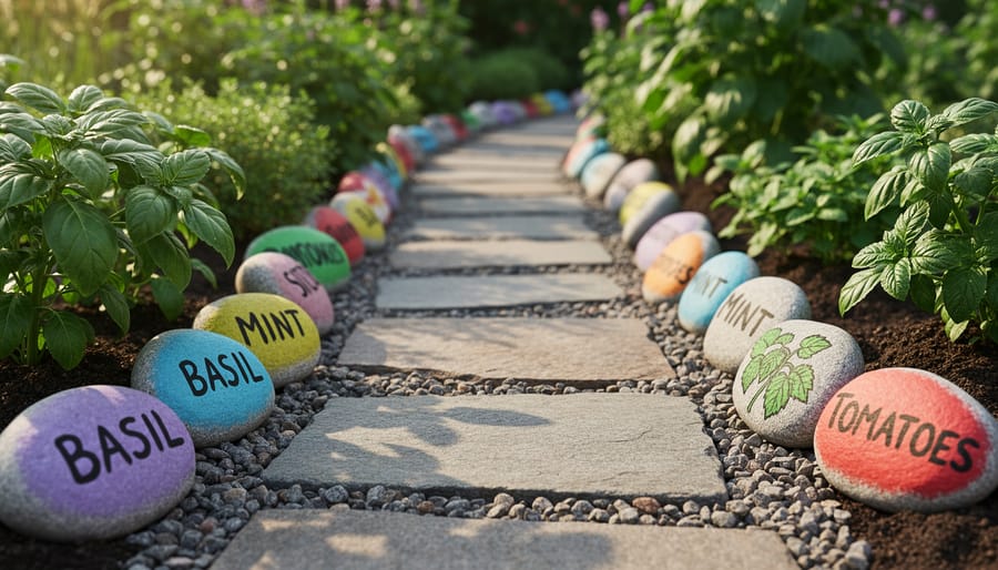 Hand-painted river rocks used as garden markers along a stepping-stone path beside potted herbs.