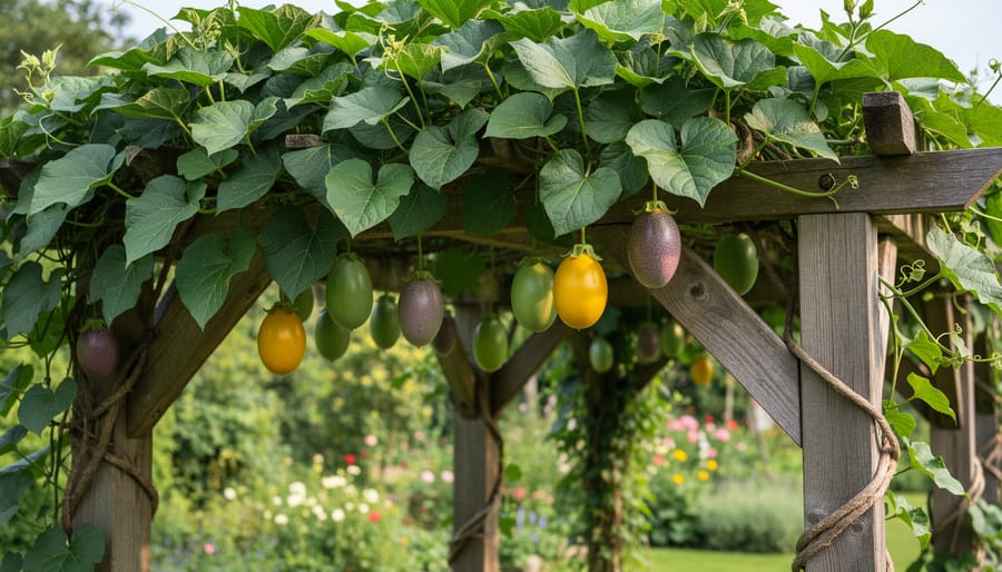 Passion fruit vine growing on a trellis with a visible developing fruit