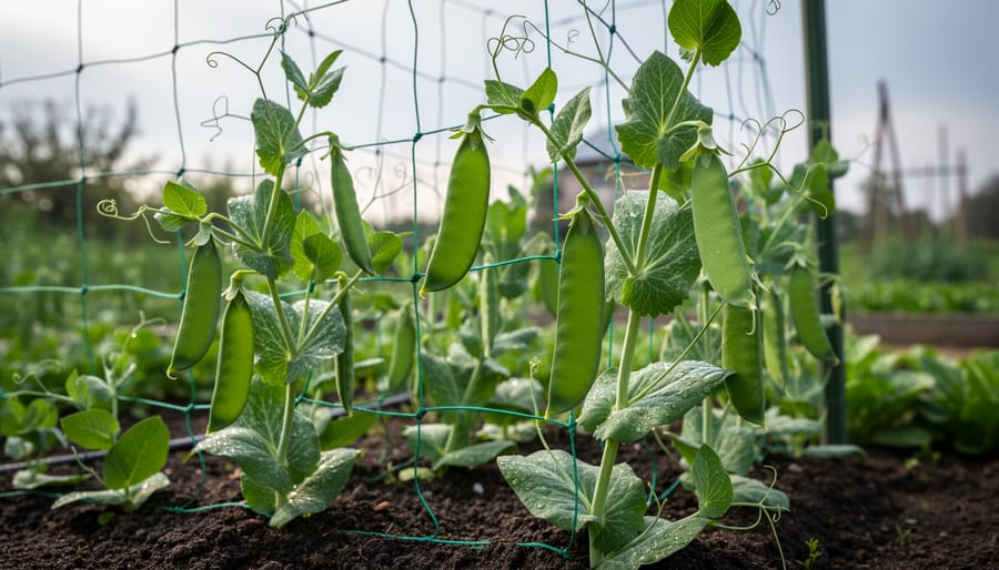 Snap and snow peas climbing a netted trellis with visible pods