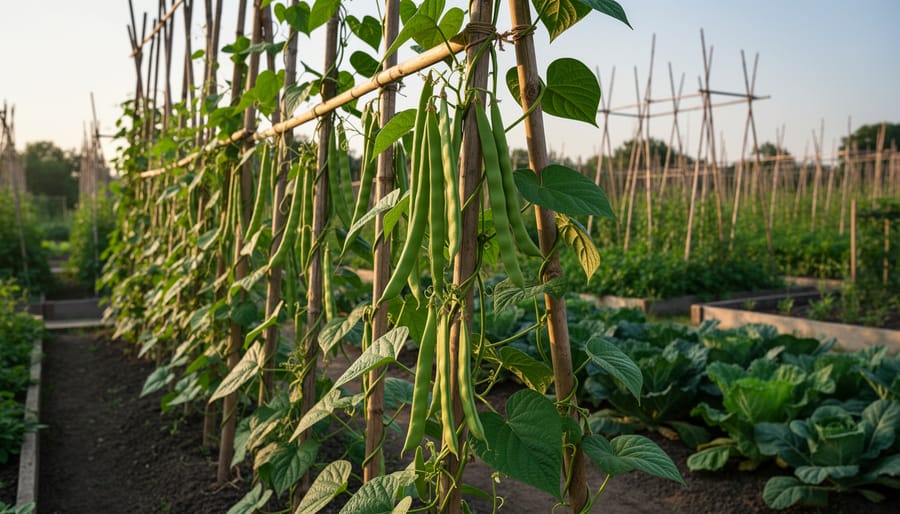Pole beans growing on tall poles with string bean pods on a backyard trellis