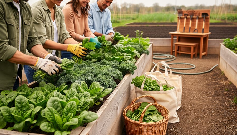 Neighbors harvesting leafy greens together from shared raised beds at a community farm, with produce baskets and gardening tools nearby.