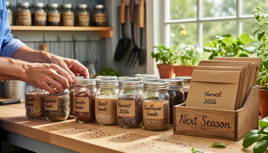 Glass jars and envelopes of dried seeds stored on a wooden table with gardening supplies nearby.