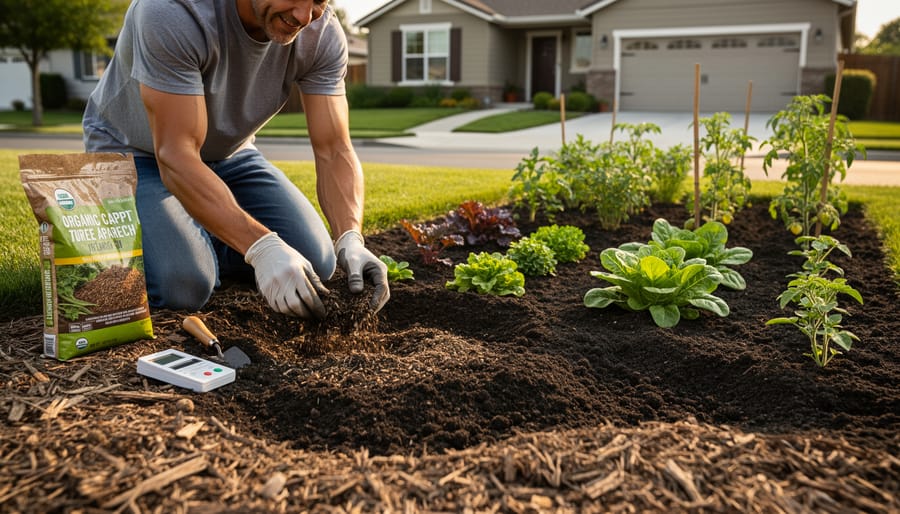 Gardener hands holding dark soil and compost while preparing a planting bed in an edible front yard