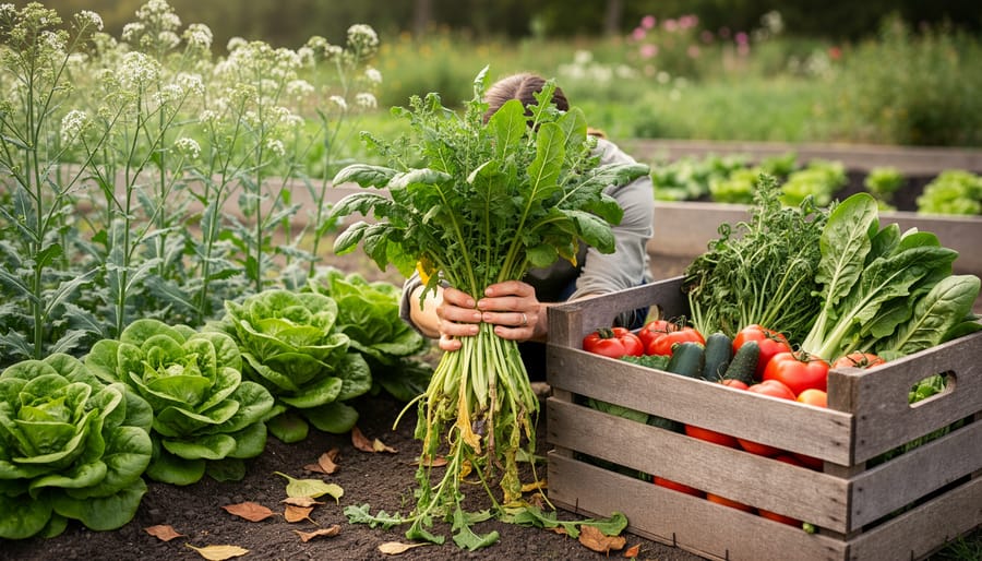 Gardener holding spinach harvest with bolting-related tougher stems and leaves