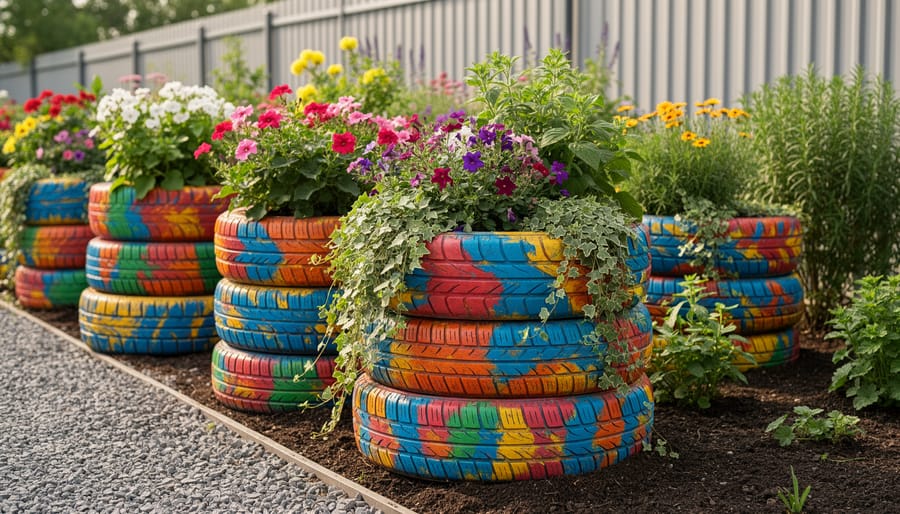 Colorful upcycled tire planters filled with soil and blooming flowers in an outdoor garden.
