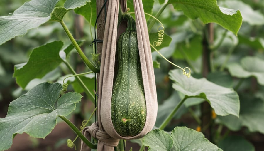 Zucchini or squash fruit supported in a fabric sling on a vertical trellis