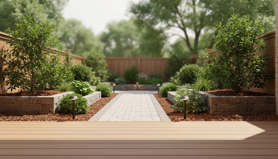 Eye-level view of a sunlit garden patio with planter beds, shrubs, a paver walkway, and soft outdoor lighting in a backyard setting.