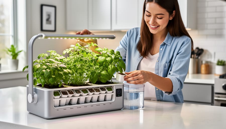 Beginner placing a plant pod into an indoor garden system with healthy greens growing nearby