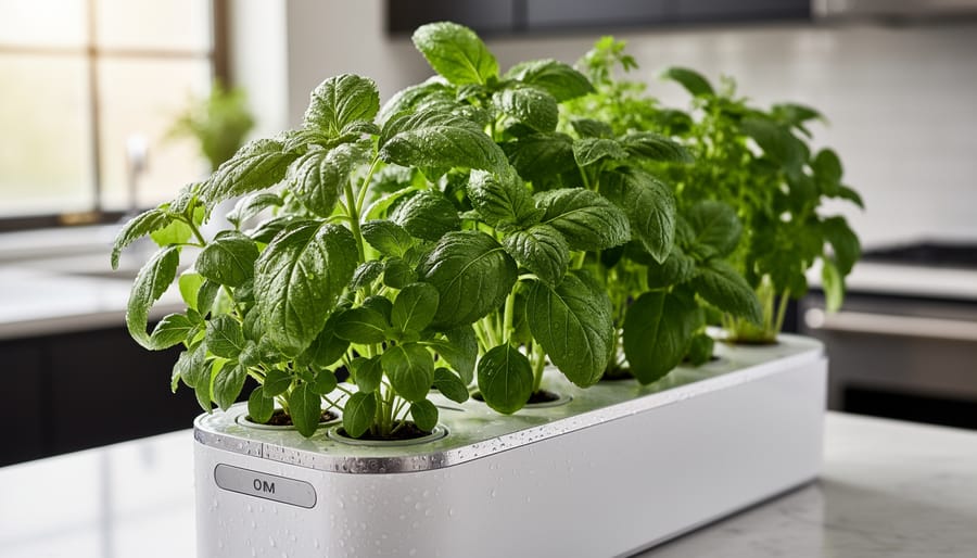 Macro view of freshly harvested basil, parsley, and cilantro from an indoor herb garden pod system