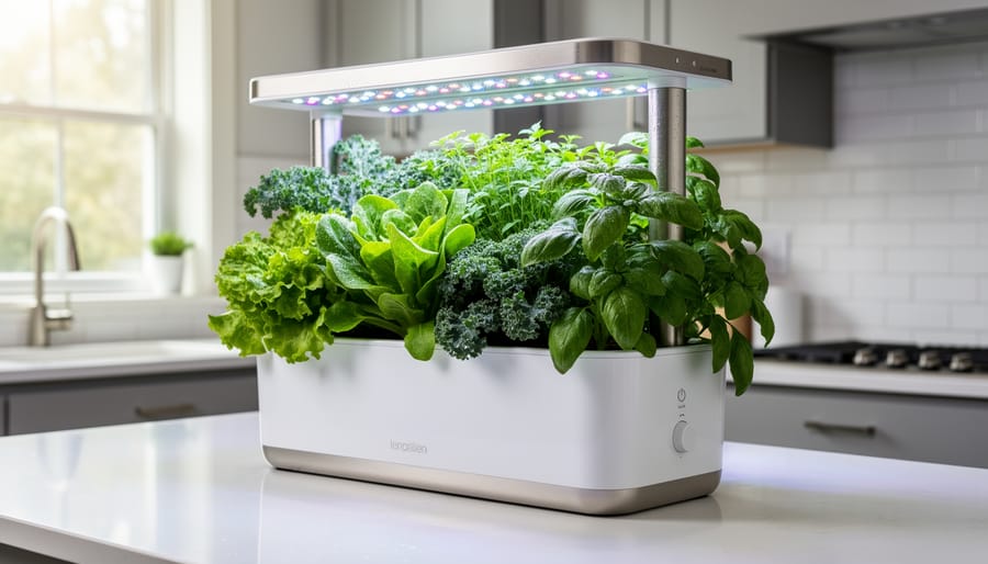 Indoor garden system with basil and seedlings growing under an integrated grow light on a kitchen counter