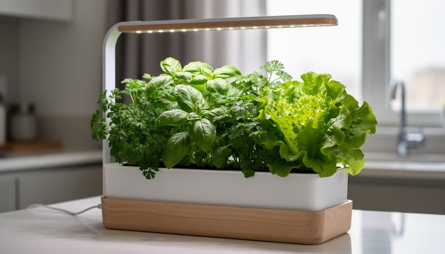 Close-up of a compact indoor garden with LED grow light and small green seedlings in pods