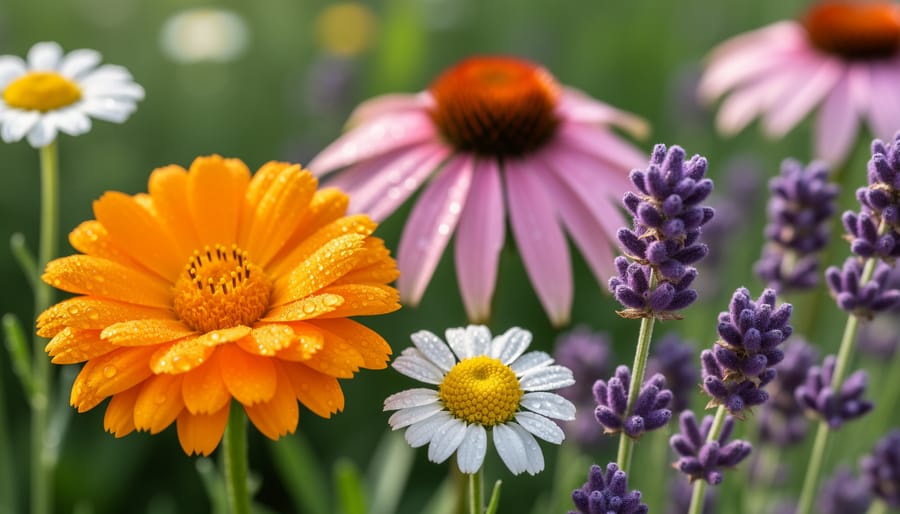 Close-up of calendula and chamomile flowers growing in an herb garden with dew on the petals