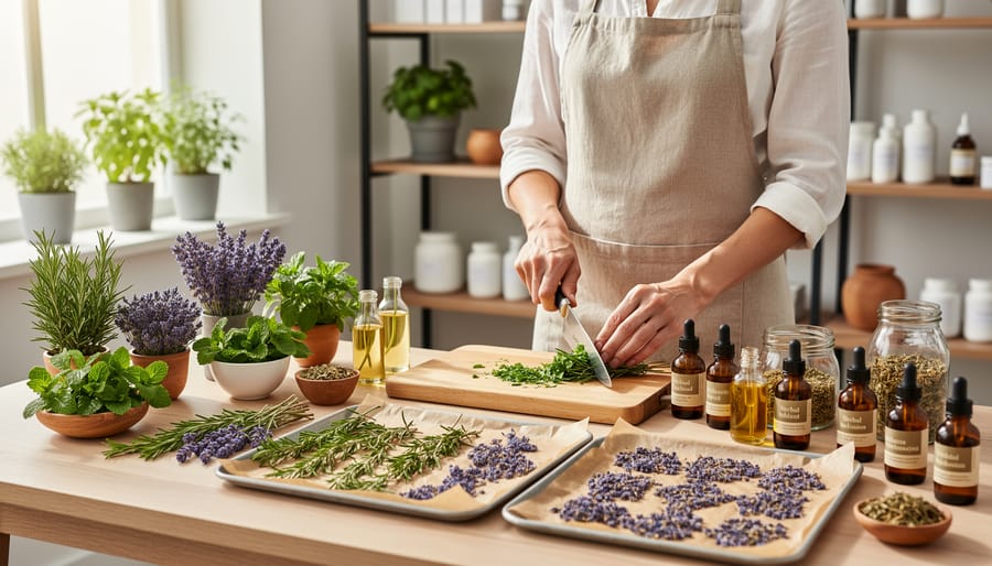 Glass jars of dried lavender and chamomile next to pruning shears and a mortar and pestle on a home herb table