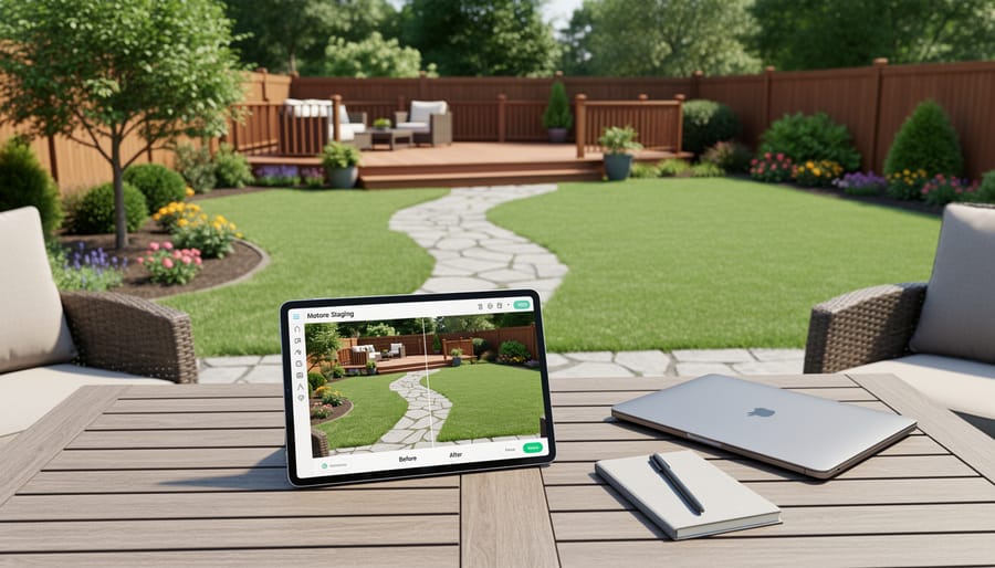 Outdoor patio and garden elements including mulch bed, young shrub, and pathway stones in a backyard setting.