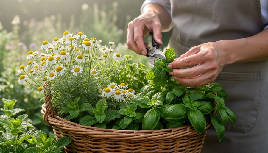 Gardener’s hands picking fresh healing herb leaves and flower heads from a garden plant