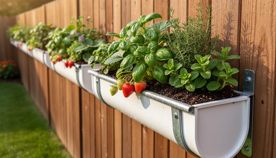 Horizontal gutter planters mounted on an outdoor fence with strawberries and herbs