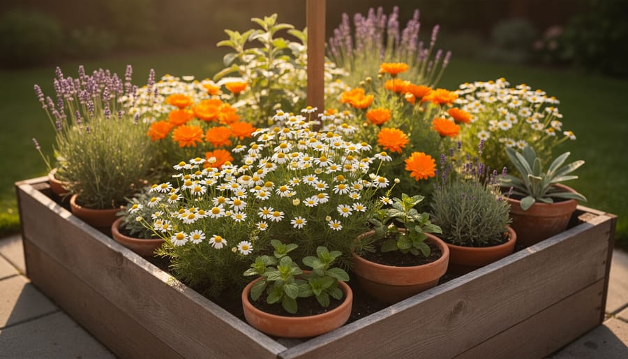 Chamomile and calendula flowers growing in a sunny home herb garden with lavender, mint, and sage in raised beds and terracotta pots.