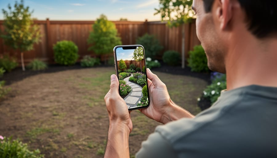 Person holding a phone in a backyard garden with planters and a soil bed, suggesting virtual planning for landscaping.