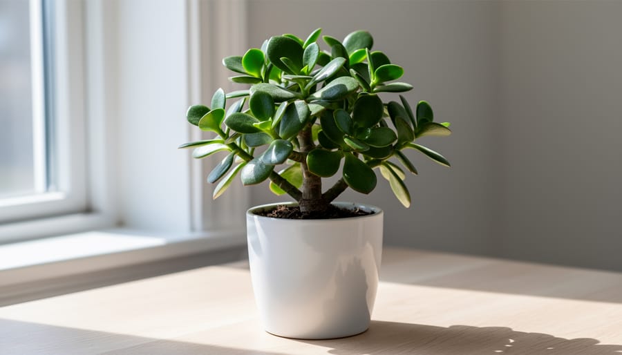 Jade plant (Crassula ovata) with thick coin-shaped leaves indoors