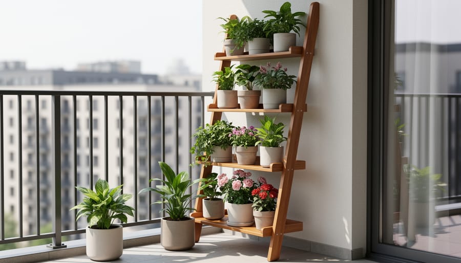 Wooden ladder converted into a vertical garden shelf with multiple planter levels